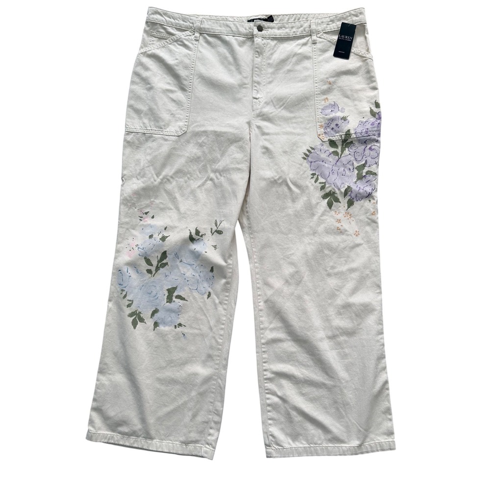 Lauren Ralph‎ Lauren 22W Cream Floral Wide Leg Cotton Pants NWT 202933349001